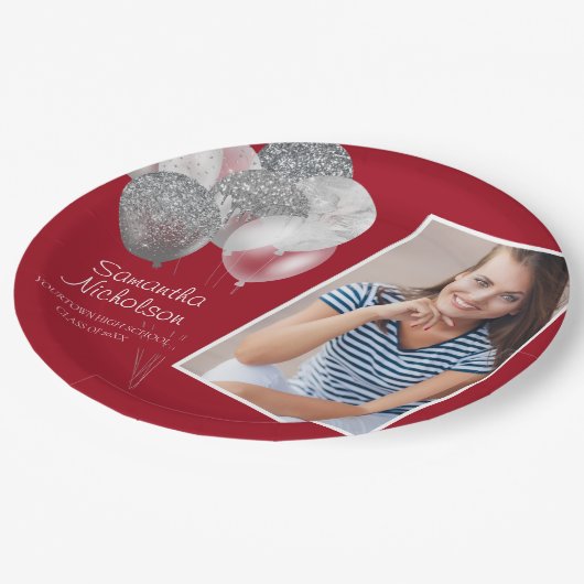 Afstudeerfeest Rood Zilver Glitter Ballonnen Foto Papieren Bordje (Gekanteld)
