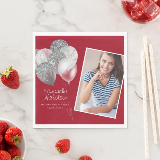 Afstudeerfeest Rood Zilver Glitter Ballonnen Foto Servet (Insitu)