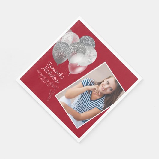 Afstudeerfeest Rood Zilver Glitter Ballonnen Foto Servet (Hoek)