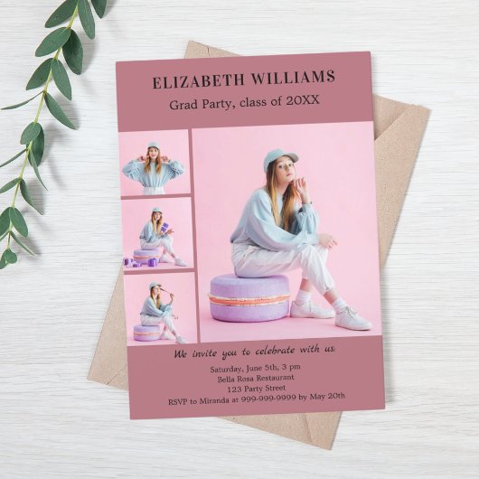 Afstudeerfeest roos gouden fotocollage kaart