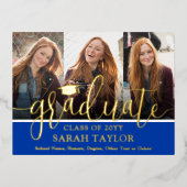 Afstudeerfeest Royal Blue 3 Photo Modern Script Folie Uitnodiging Briefkaart (Voorkant)