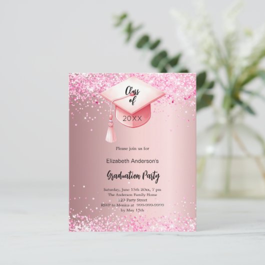 Afstudeerfeest roze confetti meisje uitnodiging (Staand voorkant)