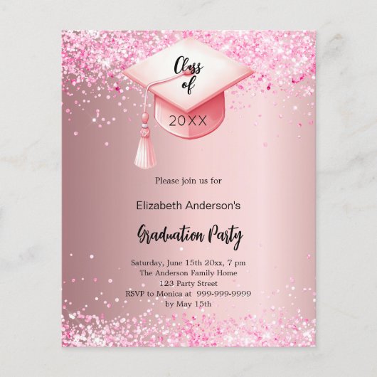 Afstudeerfeest roze confetti meisje uitnodiging (Voorkant)