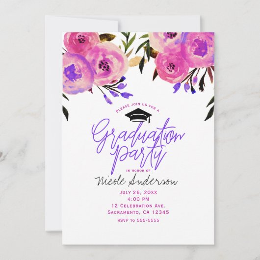 Afstudeerfeest Roze Paarse Bright Modern Floral Kaart (Voorkant)