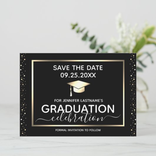 Afstudeerfeest Save the Date Zwart en Goud Kaart (Staand voorkant)