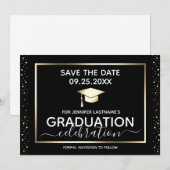 Afstudeerfeest Save the Date Zwart en Goud Kaart (Voorkant / Achterkant)