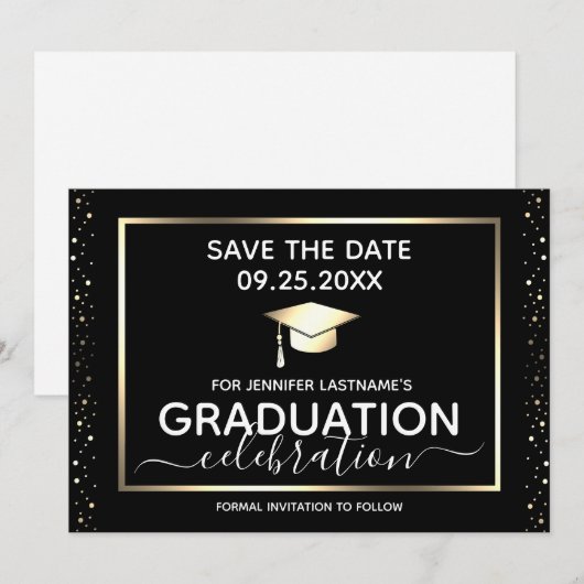 Afstudeerfeest Save the Date Zwart en Goud Kaart (Voorkant / Achterkant)