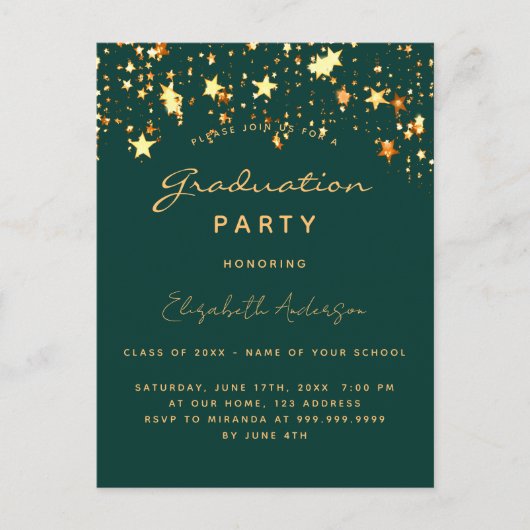 Afstudeerfeest smaragdgroene gouden sterren 2025 uitnodiging briefkaart (Voorkant)