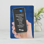 Afstudeerfeest tekstbericht op blauw leer kaart (Staand voorkant)