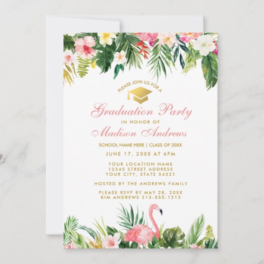 Afstudeerfeest Tropische Bloemen Roze Goud Kaart (Voorkant)
