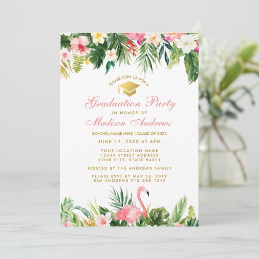 Afstudeerfeest Tropische Bloemen Roze Goud Kaart (Staand voorkant)