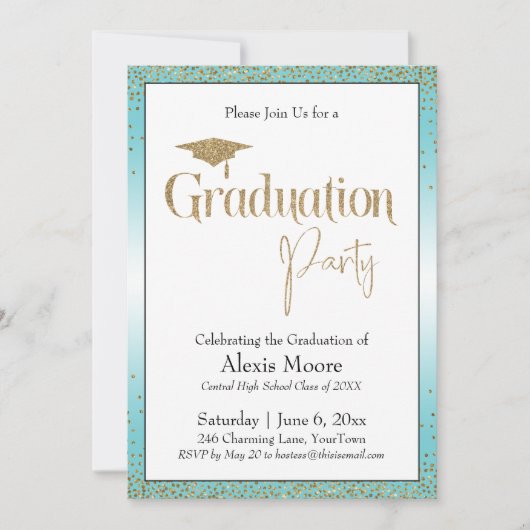 Afstudeerfeest Turquoise Ombre Gold Confetti Kaart (Voorkant)