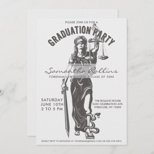 Afstudeerfeest uitnodigingen | Lady Justice (Voorkant / Achterkant)