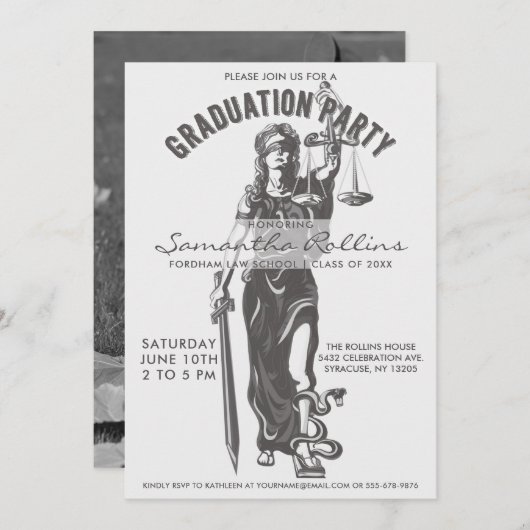 Afstudeerfeest uitnodigingen | Lady Justice (Voorkant / Achterkant)