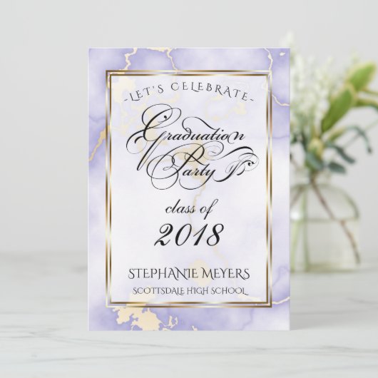 Afstudeerfeest Violet & Goud Marmer Kaart (Staand voorkant)