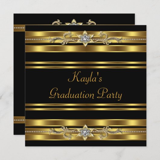 Afstudeerfeest voor meisjes zwart en goud kaart (Voorkant / Achterkant)