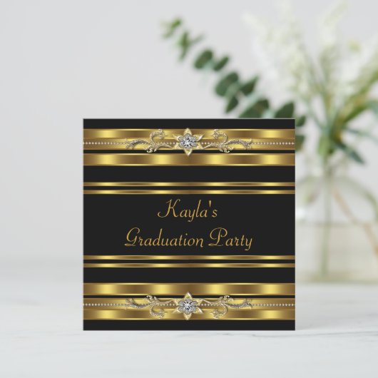 Afstudeerfeest voor meisjes zwart en goud kaart (Staand voorkant)