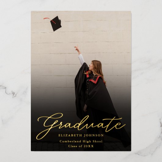 Afstudeerfeest voor zwart en goud fotoscript folie uitnodiging (Voorkant)