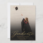 Afstudeerfeest voor zwart en goud fotoscript kaart (Voorkant)