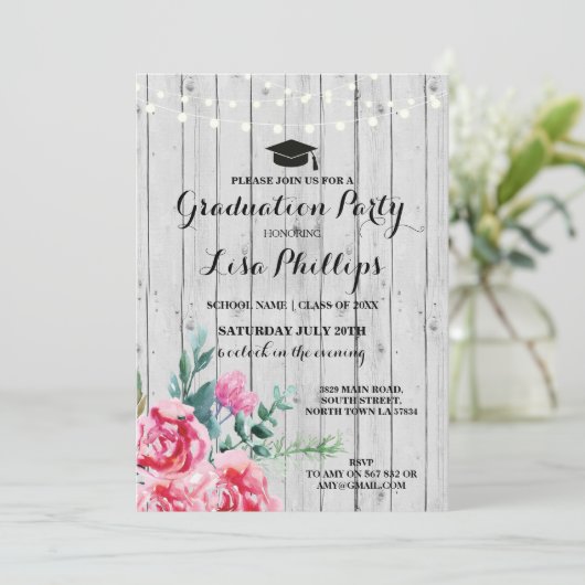 Afstudeerfeest Waterverf Bloemenhout Uitnodigen Kaart (Staand voorkant)