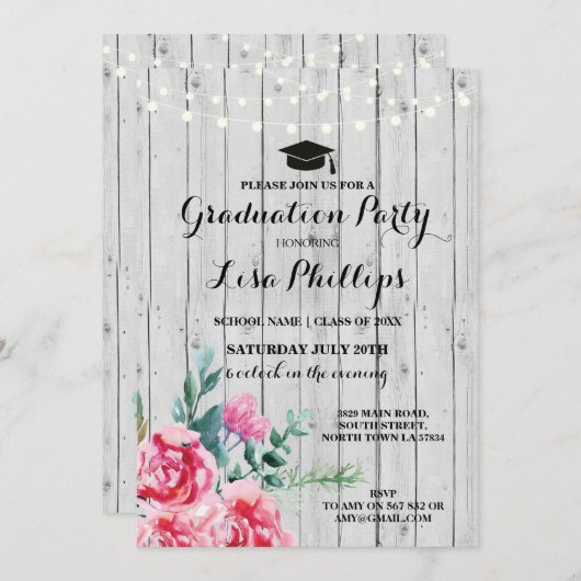 Afstudeerfeest Waterverf Bloemenhout Uitnodigen Kaart (Voorkant / Achterkant)