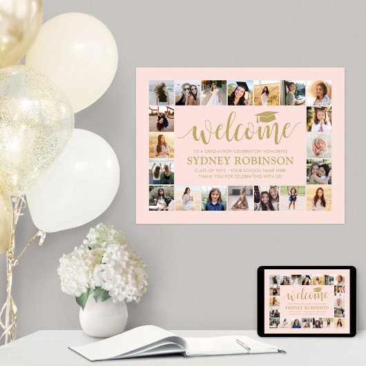 Afstudeerfeest Welkom Fotocollage Blush Pink Poster