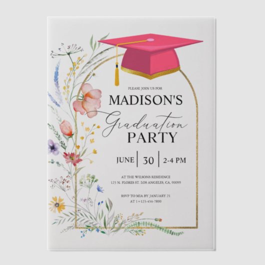 Afstudeerfeest WildFlowers Roze Afstudeerder Pet Vellum Uitnodigingen (Voorkant)