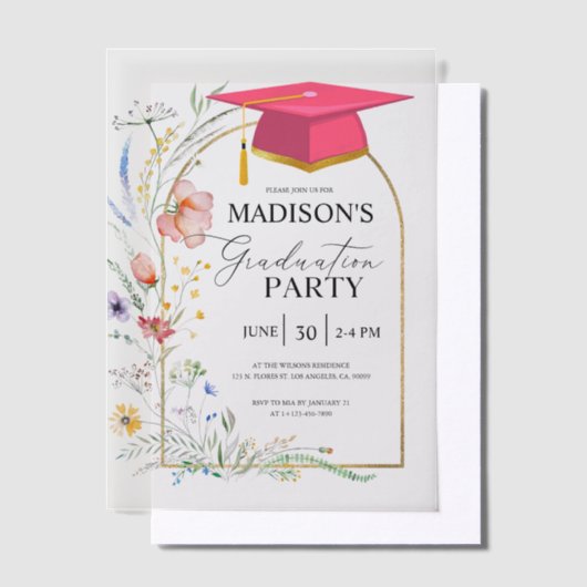 Afstudeerfeest WildFlowers Roze Afstudeerder Pet Vellum Uitnodigingen (Offset)