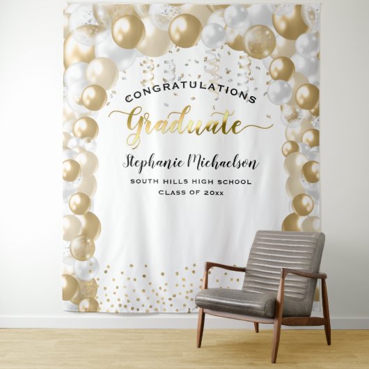 Afstudeerfeest Wit Gouden Ballonnen Slinger Wandkleed (In situ)