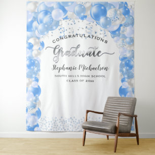Afstudeerfeest Witte Blauwe Ballonnen Slinger Wandkleed