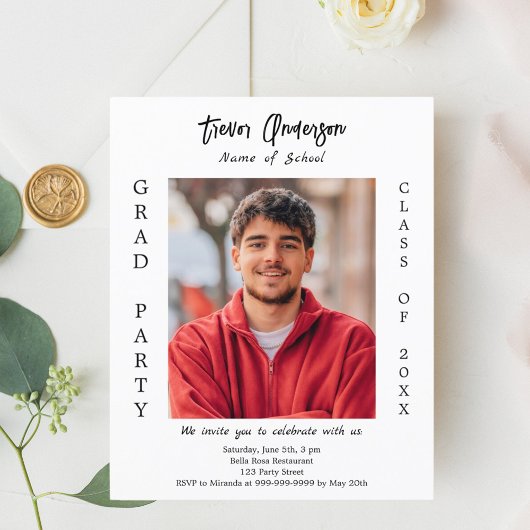 Afstudeerfeest witte zwarte foto 2025 uitnodiging