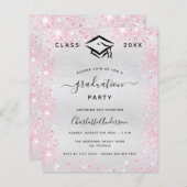 Afstudeerfeest zilver roze glitter uitnodiging (Voorkant / Achterkant)
