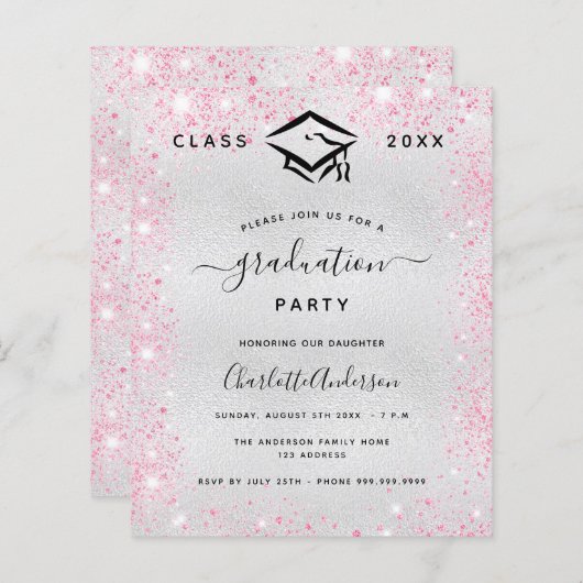 Afstudeerfeest zilver roze glitter uitnodiging