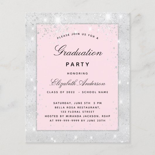 Afstudeerfeest zilveren blush roze uitnodiging (Voorkant)