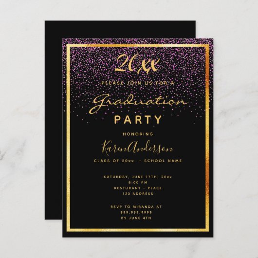 Afstudeerfeest zwart glas goud uitnodiging (Voorkant / Achterkant)