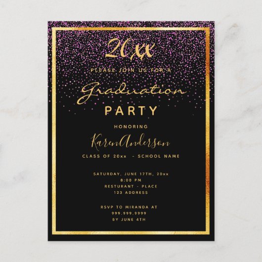 Afstudeerfeest zwart glas goud uitnodiging (Voorkant)