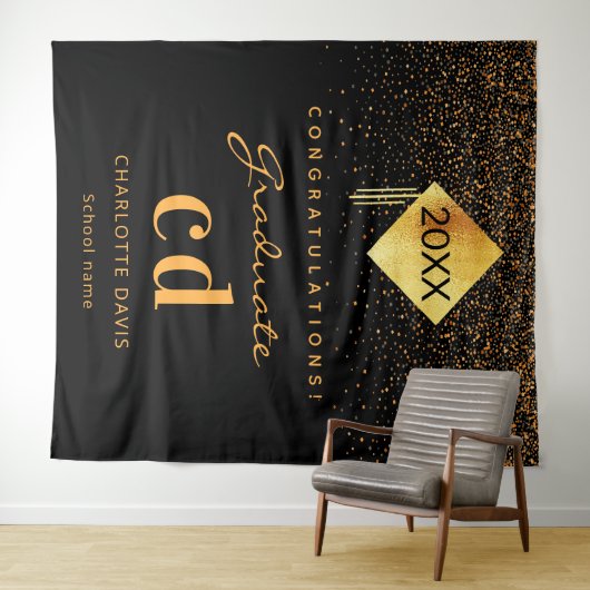 Afstudeerfeest zwart goud afstuderen monogram wandkleed (In Situ (horizontaal))