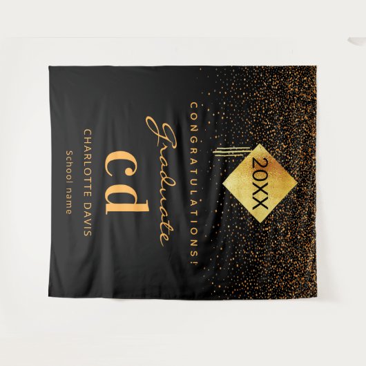 Afstudeerfeest zwart goud afstuderen monogram wandkleed (Voorkant (horizontaal))