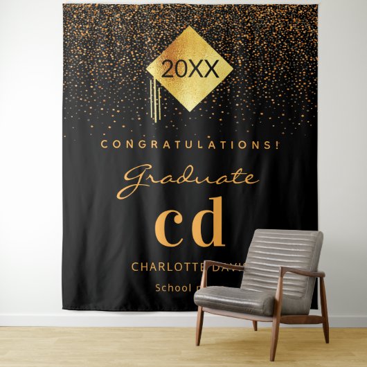 Afstudeerfeest zwart goud afstuderen monogram wandkleed (In situ)