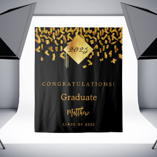 Afstudeerfeest zwart goud confetti afstuderen 2025 wandkleed