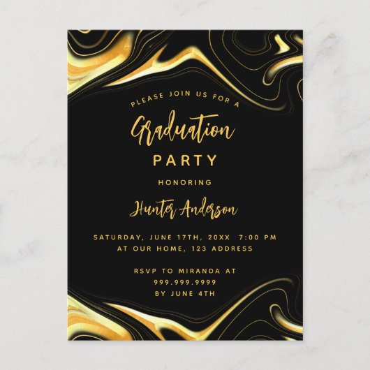 Afstudeerfeest zwart goud modern uitnodiging briefkaart (Voorkant)