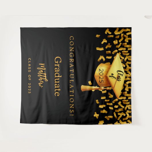 Afstudeerfeest zwart goud pet afstuderen 2025 wandkleed (Voorkant (horizontaal))