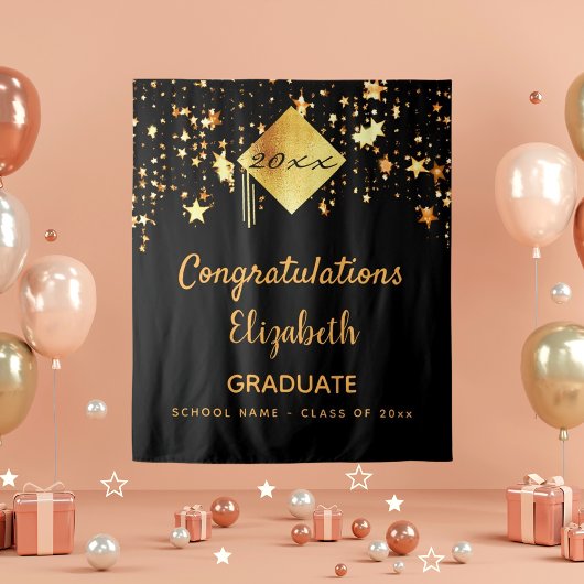 Afstudeerfeest zwart goud sterren afgestudeerd wandkleed
