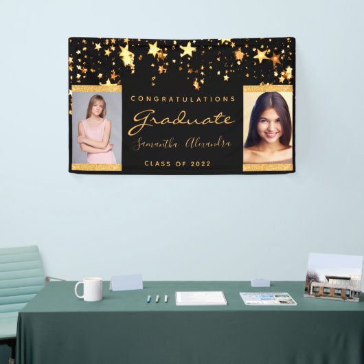 Afstudeerfeest zwart goud sterren twee foto spandoek (Beurs)