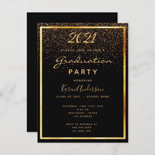 Afstudeerfeest zwart goud uitnodiging (Voorkant / Achterkant)