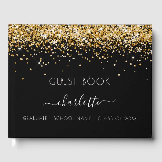 Afstudeerfeest zwart gouden glitter gastenboek (Voorkant)