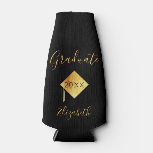 Afstudeerfeest zwart gouden pet flesjeskoeler (Voorkant)