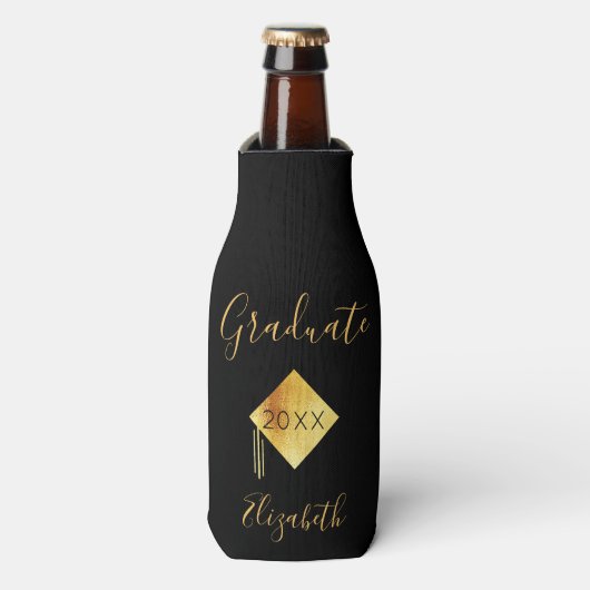 Afstudeerfeest zwart gouden pet flesjeskoeler (Fles Voorkant)