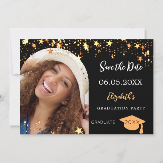 Afstudeerfeest zwart gouden sterren foto boog 2025 save the date (Voorkant)
