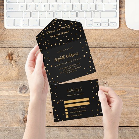 Afstudeerfeest zwart gouden sterren partij RSVP All In One Uitnodiging